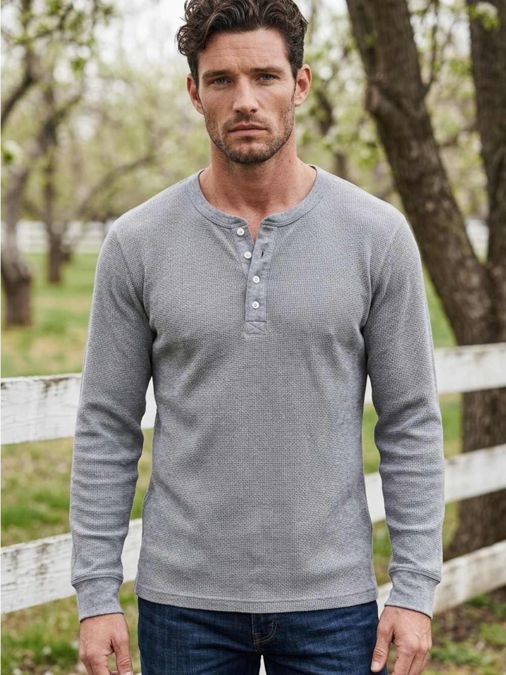Men's Long Sleeve Henley Shirt - Light Gray